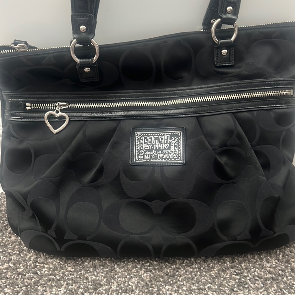 Coach Signature Poppy Diasy Black Jacqard Sateen Canvas Large Tote Bag